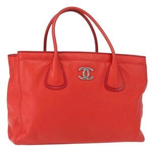 CHANEL Tote Bag Leather Red Silver CC Auth